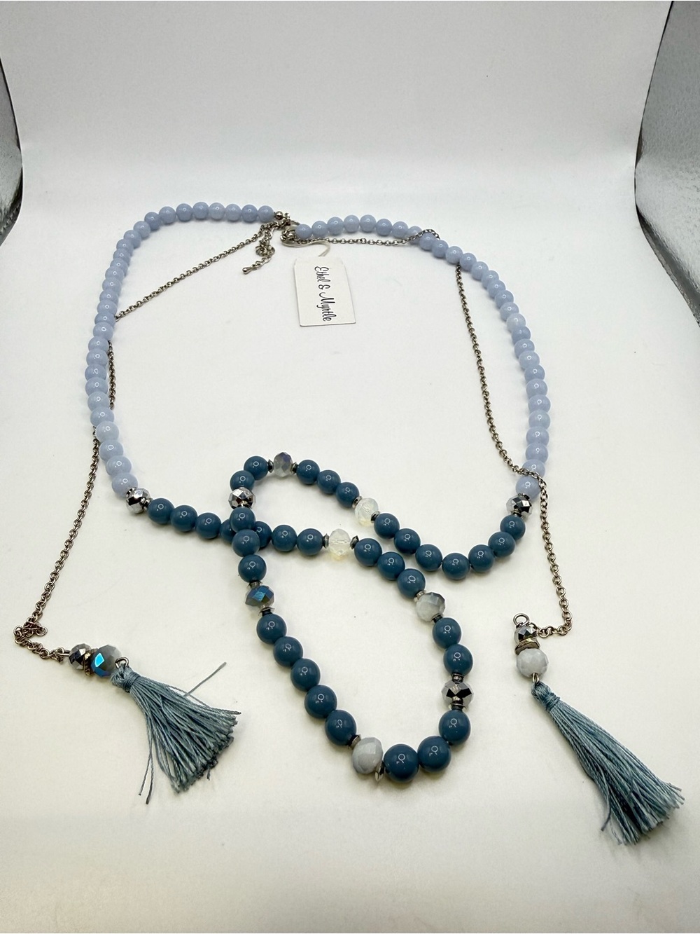 NWT Ethel & Myrtle Blue Beaded Tassel Long Necklace 36”